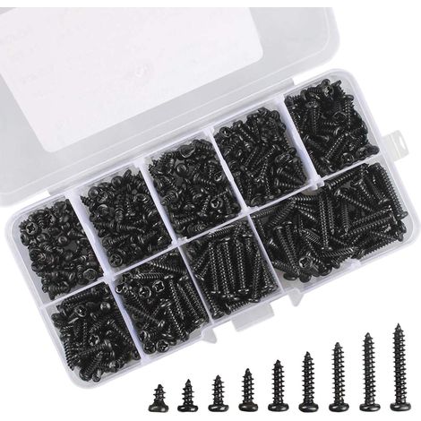 MINKUROW M3 Viti Autofilettanti Nere, 450 Confezioni Viti Autofilettanti a Testa Tonda in Acciaio Inossidabile per Legno Tenero e Metallo (9 Specifiche, con Scatola di Plastica) (1/5)
