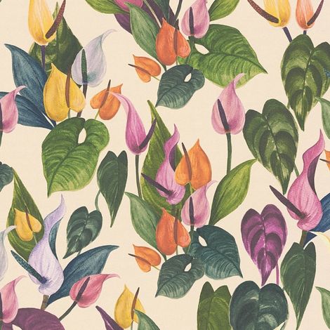 Papier peint floral Profhome 782101 papier peint intissé gaufré à chaud lisse avec des ornements floraux mat ivoire vert violet bleu 5,33 m2