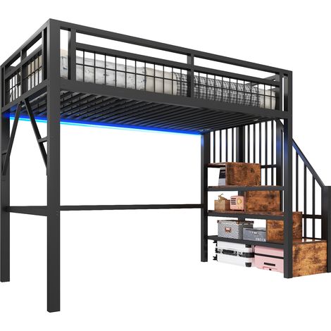 Lit mezzanine 90 x 200 cm cadre métal avec éclairage led, escalier avec rangement intégré, espace libre aménageable dessous, sans matelas, noir (1/5)