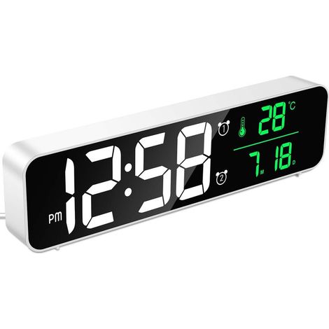 Réveil Numérique, Horloge Murale Réveil Matin LED Digital Miroir Grand Ecran avec Température Date, 2 Alarme, 40 Musique, 6 Luminosité Variable, USB Clock pour Maison Bureau, Blanc-Fei Yu (1/5)