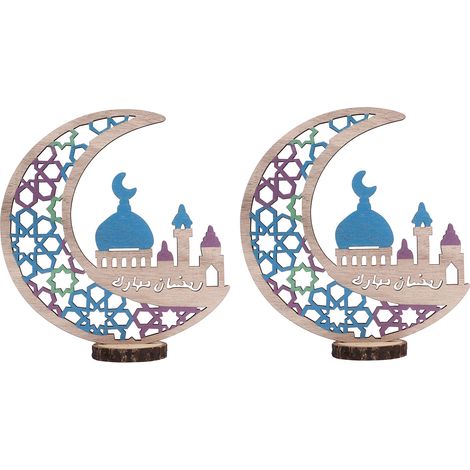 Set mit 2 handgefertigten Holzdekorationen für Eid al-Adha, Tischschmuck für Eid al-Fitr und Ramadan, Halbmond (2 Sets) JM00444 (1/5)