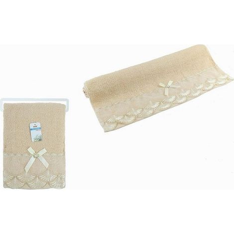 Trade Shop - Asciugamano Bagno Telo Cotone Morbido Decorato 70x140 Cm 380gr Beige Scuro 79510 - (1/2)