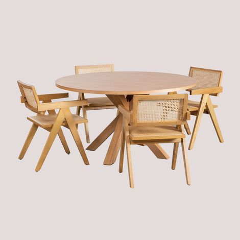 SKLUM Set aus rundem MDF-Esstisch (Ø140 cm) Pleven und 4 Stühlen mit Armlehnen im Lali-Stil aus Eschenholz und Rattan              Braun Natur                     