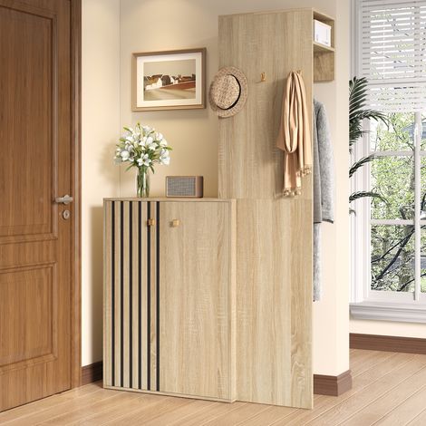 Meuble d'entrée vestiaire, avec meuble à chaussures, d'entrée multifonctionnelle, en MDF, style moderne, 115x38.5x191.5cm, Naturel (1/5)