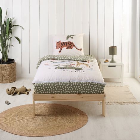 Parure de lit enfant 90x190cm – Couette tempérée 300g/m² microfibre – Housse et drap housse 100% coton – Motif Jungle – Bleu Calin (1/4)