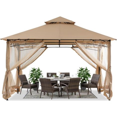 Gartenpavillon Doppeldach Weichdach Terrasse Mit Netz Beige 3.35x3.35M (1/5)