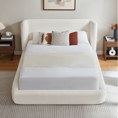 Cama doble 140x200 cm de acero crema, cabecero tapizado, estable, sin colchón – MEUBLIV (1/5)