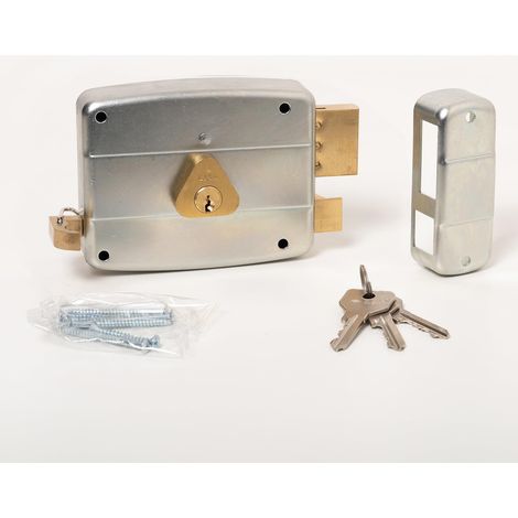 Serrure de porte en fer à appliquer - Serrure en acier galvanisé avec cylindre et tige en laiton - Serrure de porte extérieure Entrée 60 - Main Droite Appliquer (1/5)