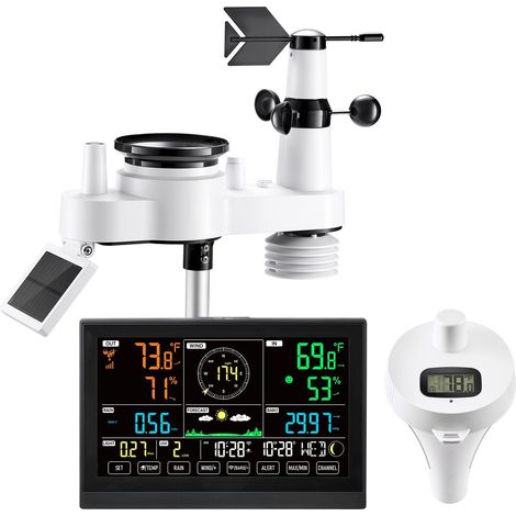 Station Météo Wi-Fi 7-en-1 avec Application, Écran 190,5 mm, Capteur Solaire Extérieur, Thermomètre de Piscine et Pluviomètre (1/5)