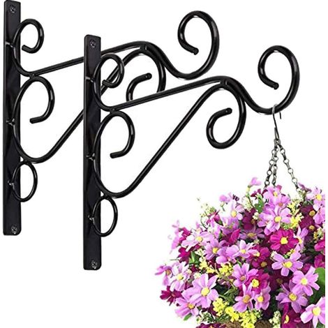 Crochet Suspension Murale - Fer Forgé - Noir - Pour Pots Fleurs Paniers Plantes Lampadaires Jardin Balcon - 2 Pièces