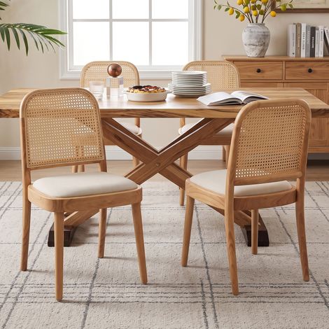 Esszimmerstuhl-Set 2-teilig aus Massivholz mit Rattan-Rueckenlehne und Leinenbezug (1/5)