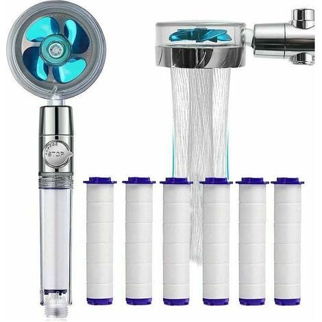 Douchette économique avec filtre anti-calcaire - Pommeau de douche à rotation de 360° - 6 éléments filtrants en coton PP (Bleu) (1/4)