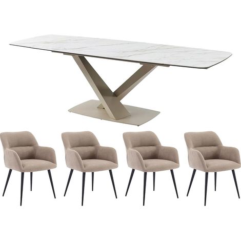Set tavolo MALENA + 4 sedie HEKA Effetto marmo Bianco e Beige