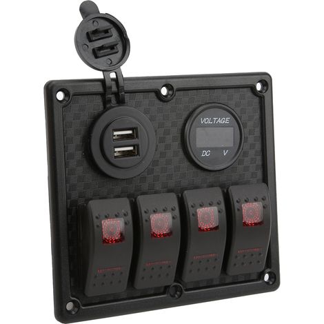 Panneau de 4 interrupteurs à bascule 5 broches avec voltmètre 4,8 A, double port USB pour charge rapide, universel pour voiture, camping-car, yacht (rouge) (1/5)