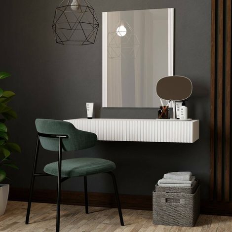 Consolle Premolo, Entratina sospesa con specchio, Design moderno con effetto cannettato, 80x42 h97 cm, Bianco (1/4)