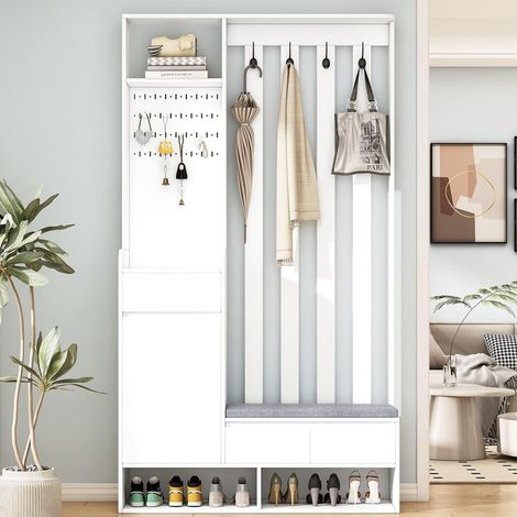 Armoire d'entrée avec banquette de rangement rembourrée, meuble à chaussures multifonctionnel avec panneau perforé, armoire moderne avec 4 crochets pour l'entrée ou la buanderie, blanc, H 180/L 100/P 