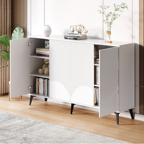 Credenza contenitore 160 x 35 x 100 cm con 4 ante e ripiani regolabili, bianco DESVIAE (1/5)