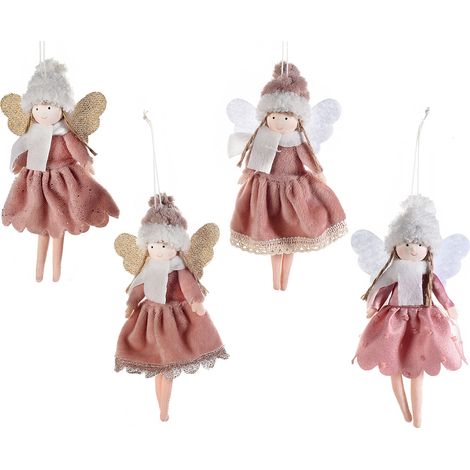 Angeli in tessuto con vestito rosa in stoffa, ali glitterate e cappellino, da appendere come addobbo albero di Natale, set da 8 pezzi, cm 10 x 18 H