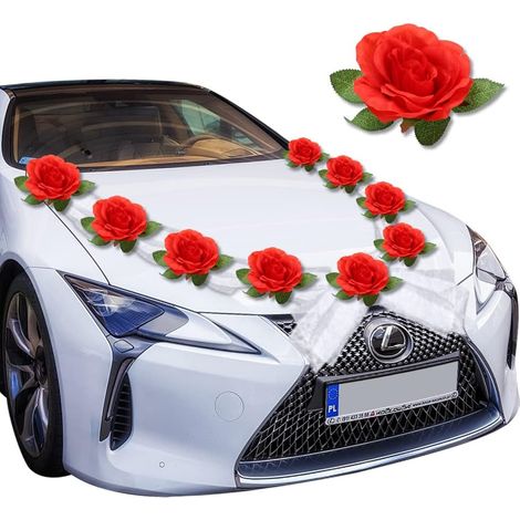 Decorazioni per auto nuziale, abbellimenti in tulle per l'auto nuziale, decorazioni di rose per gli sposi, ghirlande nuziali, romantiche decorazioni per San Valentino, incluse 9 rose di alta qualità, (1/5)