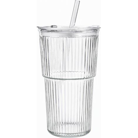 Verre à stries verticales 550 ml avec couvercle pressé et paille (1/4)