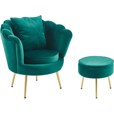 Poltrona Camera da Letto e Salotto in Velluto con Poggiapiedi Contenitore - Poltroncina Conchiglia con Gambe in Metallo Placcato Oro - Design Moderno, Seduta Morbida con Cuscino - Sedia in Velluto Pet (1/5)
