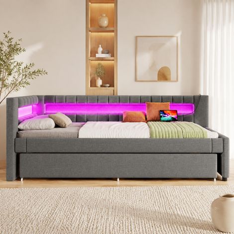 Letto con Letto estraibili 90x200 cm, con luce LED e porte USB Type-C, in lino grigio, senza materasso (1/5)