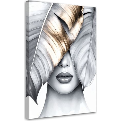 Wandbild Frau und silberne und goldene Bananenblätter 60x90 cm (1/5)