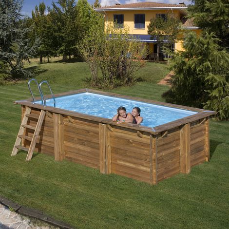 GRE – Piscine hors sol en bois traité autoclave IV – Rectangulaire 4,20m x 2,70m x H: 1,17m – Volume 8,6m³ – Accessoires inclus