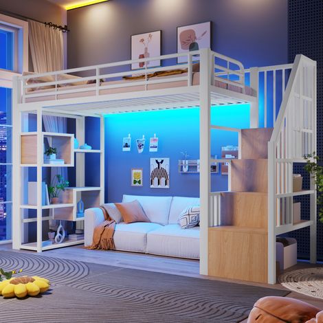 Lit mezzanine enfant 90 x 200 cm avec escalier, garde-corps, rangements, éclairage LED, sans matelas, design moderne, en MDF et métal, Blanc (1/5)