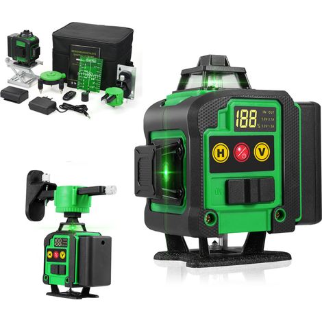 Livella laser 360° x 4, autolivellante, verde, per cantieri edili, con linee incrociate verticali e orizzontali, 4D, IP54, con borsa protettiva e 2 batterie ricaricabili da 2400 mAh. (1/5)