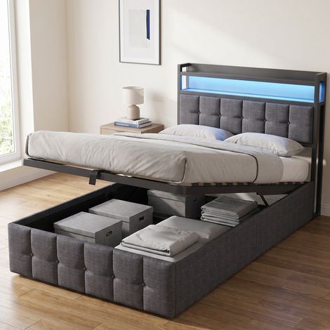 Lit coffre 90x200 cm avec LED et ports USB, Lit simple adulte, tête de lit avec étagère, tissu lin, moderne, Gris (1/5)