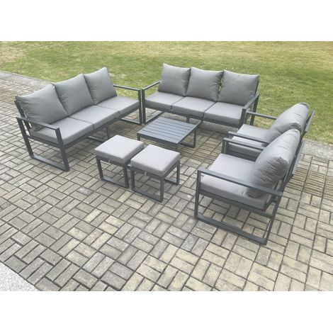 Fimous Aluminium Patio Outdoor Garden Furniture Lounge Sofa Set with Square Coffee Table 2 Chairs 2 Small Footstool Dark Grey (1/5)