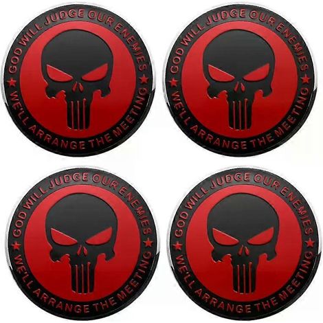 Lot de 4 emblèmes tête de mort (56 + 60 mm) pour enjoliveurs de roue de voiture - Accessoires de décoration et de style automobile - Couleur : rouge (56 mm) - Anglais (1/4)