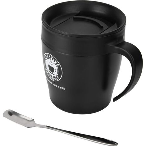 Fdit Tasse à café isolé en Acier Inoxydable avec Cuillère et Couvercle, Tasse de Bureau de Voyage Portable, Isolation Thermique Sous Vide, Idéale pour la Maison (BLACK) (1/5)