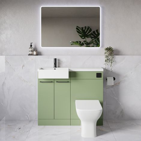 Napoli 250 Olive Green 1000mm 2 Door Vanity Unit Toilet Suite with Left Hand Square Rico Semi Recessed Basin - 1000mm - Matt Black 160mm HandleWith Kingston Toilet Pan and Seat