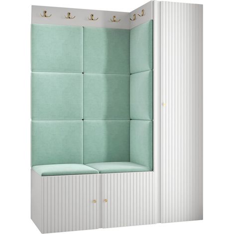 Meuble d'entrée Hartford 385, Blanc, 186x124x46cm, Stratifié, Tissu, MDF, Murale, À poser