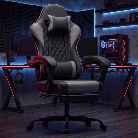 Sillón gaming de PVC negro y gris 54x66x121 cm con reposapiés para oficina – MEUBLIV (1/5)