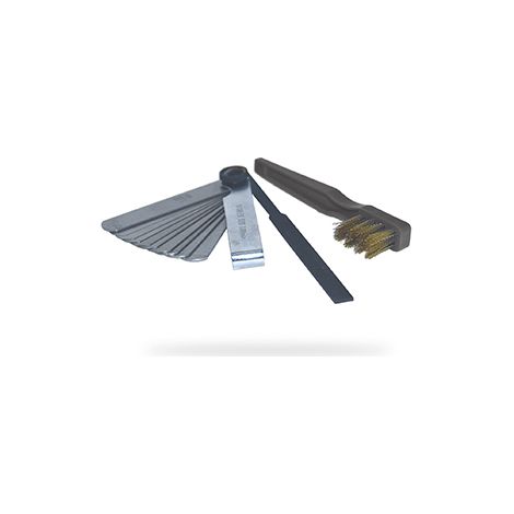 Kit de mantenimiento para bujías de encendido y rupteurs que incluye un juego de 10 cales de 0,10 mm a 1 mm, una lima plana y un cepillo