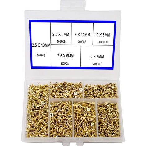 Tornillos autorroscantes de cabeza plana pequeña con cabeza en cruz para bisagras de puertas de armarios, juego multifuncional de microtornillos para accesorios electrónicos, color dorado, 1200 piezas (1/5)