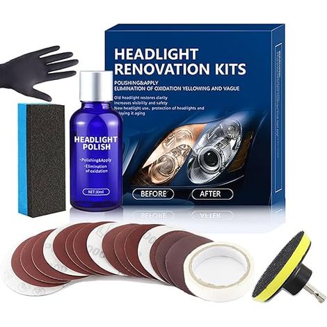 Kit de réparation de phares, nettoyant et réparateur pour phares de voiture, comprenant papier de verre, éponge et support, élimine le jaunissement, l'oxydation et les rayures - 30 ml (1/5)