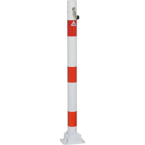 Schake Absperrpfosten umlegbar zum Einbetonieren aus Stahlrohr verzinkt Ø60x2,5mm weiß mit rot reflektierenden Leuchtstreifen, Profilzylinderschloss und Stahlkappe 900mm Überflur (1/2)