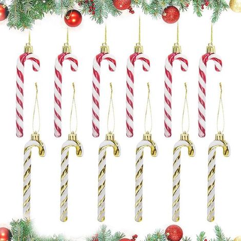 Bastoncini di zucchero, decorazione per albero di Natale, 12 bastoncini natalizi, con filo per appenderli, decorazione natalizia glitterata, 13,5 cm, rosso e oro, per decorazioni natalizie e come rega (1/5)