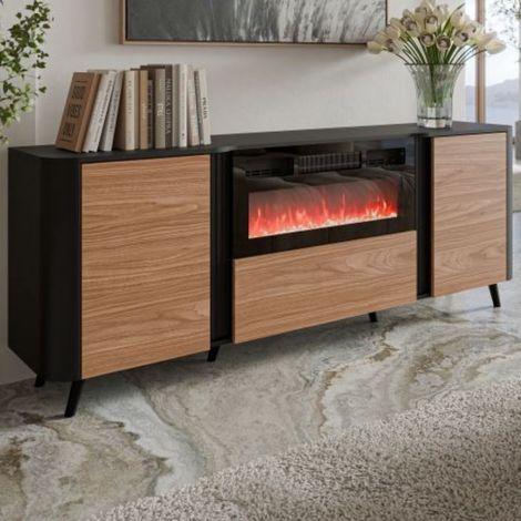 Buffet noir mat et bois 200cm avec cheminée et chauffage Lucky (1/5)