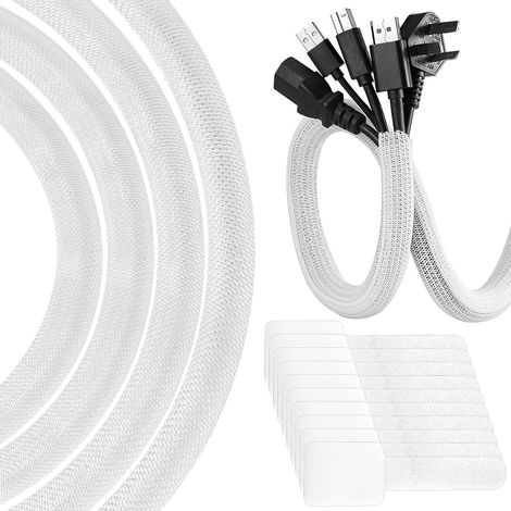3 Mètres Manchon de Cache Câble, 10mm Gaines de Câbles, Empêche Les Animaux Domestiques de Mâcher Les Câbles, Textile Flexible Goulotte de Câble à Fermeture Automatique pour Bureau, Blanc (1/5)