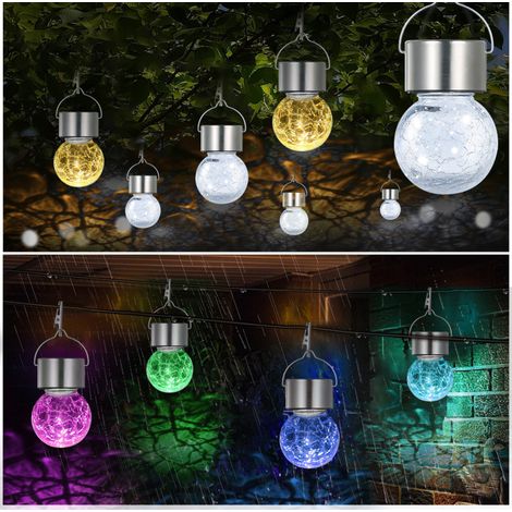 Lampe solaire suspendue en forme de boule de verre craquelé (1 pièce, 1,2 V, 0,1 W), résistante à l'eau (IP44), avec batterie rechargeable haute capacité intégrée de 300 mAh. Idéale pour jardin, terra (1/5)