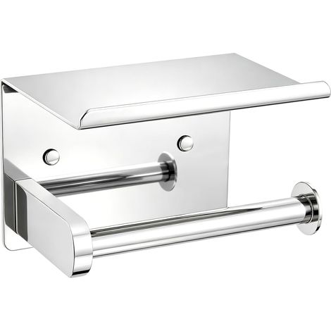 Support de rouleau de papier toilette, à vis/autocollant, 2 en 1 avec étagère, support mural chromé pour salle de bain/salle de bain (1/5)