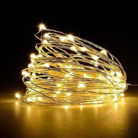 Guirnalda de luces LED, [1 unidad] Guirnalda de luces a pilas con 5 m y 50 LED blancos cálidos en cable plateado para dormitorio, fiesta, boda (blanco cálido) - Crezuo