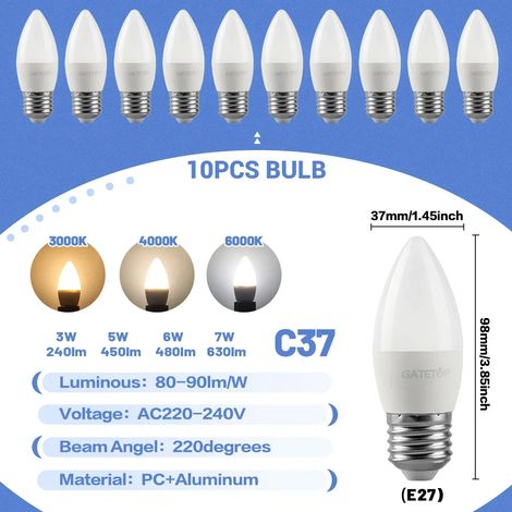(10 ampoules LED bougies, blanc chaud 3000K) E27, convient à l'éclairage domestique. (1/4)