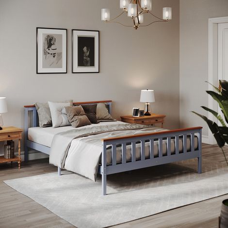 ELEGANT Bed Frame Pine Wood Wooden Slat Support Platform Bed Planking Thickness 12MM Grey 150x200 (1/5)