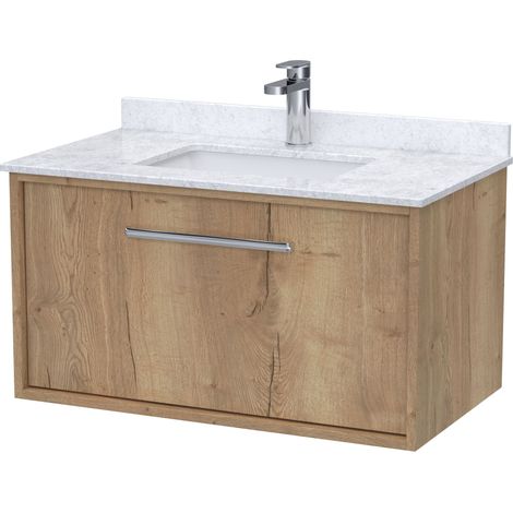Sturbridge Contemporary 1 Drawer Wall Hung Vanity Unit with Marble Top with Basin , 800mm, Autumn Oak